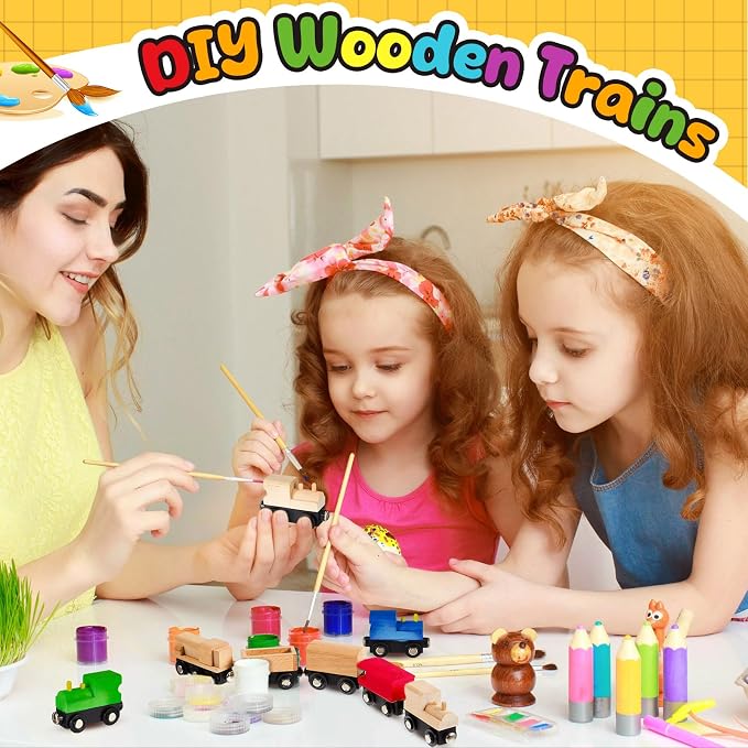 Halloscume 10 Pcs Unfinished Magnetic Wooden Train Cars 5 Styles DIY Unpainted Wood Trains for Paint Crafts Project & Summer Camp, Birthday Party Favors Decorations (Retro)