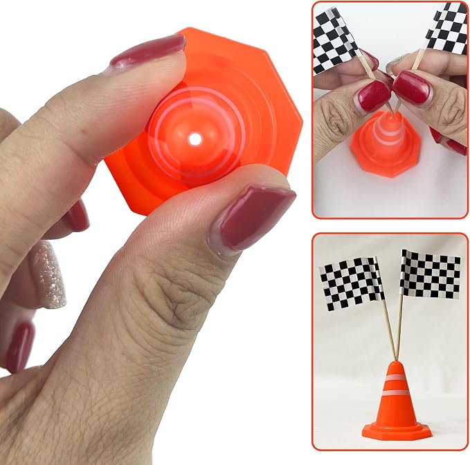 41PCS Mini Race Car Table Game Set Mini Race Cars Traffic Cones Checkered Flags Racetrack Tablecloth for Doll House Decor Birthday Party Supplies