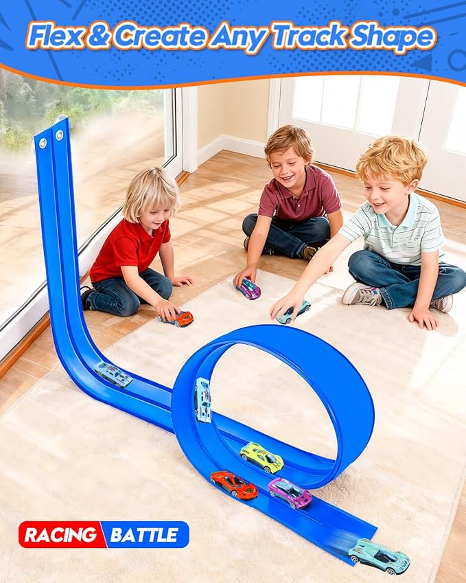 15 Ft Flexible Car Tracks for Kids Age 3 Up, Race Track with 6 Toy Cars, Flex Track Compatible Diecast 1/64 Cars with Suction Cups, Birthday for Boys (Blue)