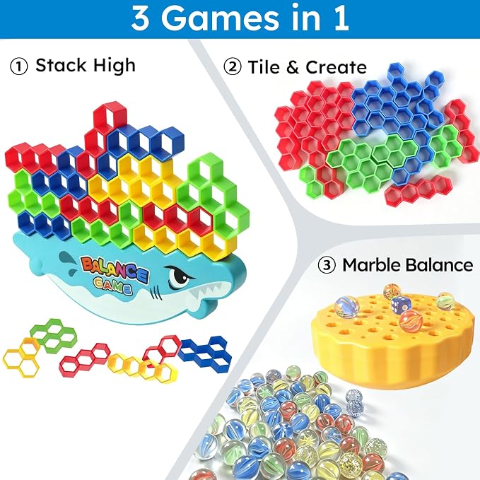Balance Building Blocks Game 48PC – 3-in-1 Shark Edition with Marble Balance, Hexagon Stacking Tower & Tile Creation | Strategy & Challenge Cards Included | STEM Toy for Kids Ages 3+ Family Game Night