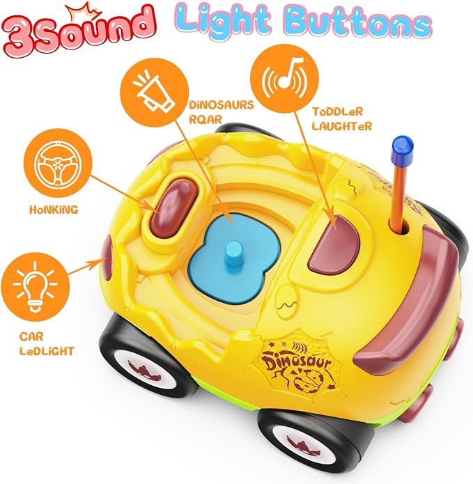 Kidz do 2 Pack Dinosaur Remote Control Cars for Toddlers 2 3 4 5 Years Old - Easter Birthday Gift Ideas for Boys Ages 2-5, Kids Dino Toys RC Vehicle with Lights and Music for Family Fun(Yellow Green)