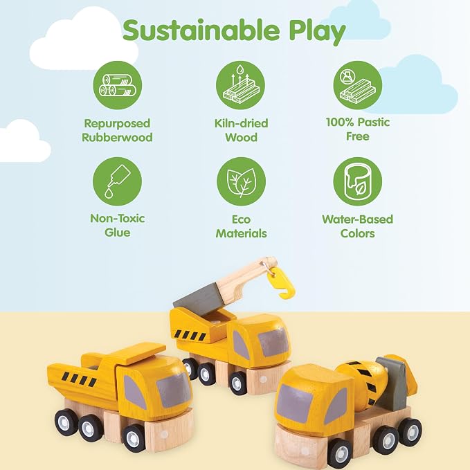 PlanToys® Highway Maintenance Wooden Montessori Vehicle and Imaginative Play Set | Creativity, Language and Social Skill Building Activity | Eco Friendly Construction Truck Set