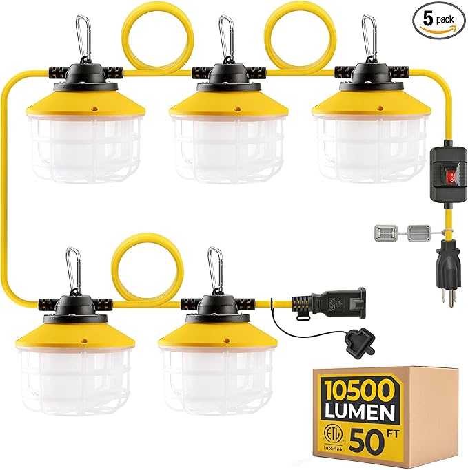 50FT 3 Prong 75W Construction String Lights with Switch, 5-Head LED Work Light, ETL Certified, 18/3 SJTW Cord, IP65 Waterproof, Linkable up to 12 Sets, for Jobsite, Attic, Garage