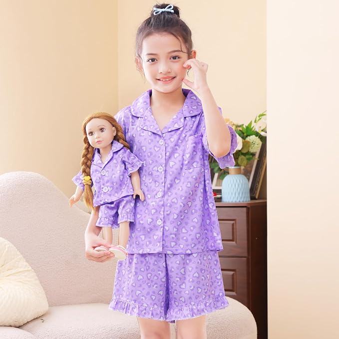 ICOSY Matching Doll & Girls Silk Pajamas Satin Pjs for Girls Button-Down Top and Shorts for 18" Doll Girl Clothes