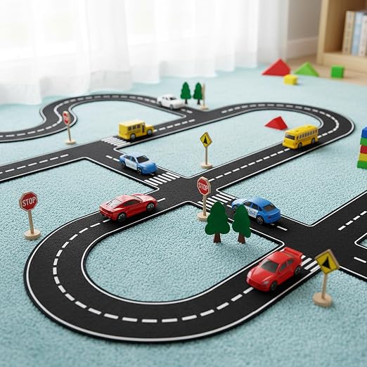 6 Pcs Christmas Race Party Decorations 39"x4" Racetrack Felt Roadway Mat for Cars with Double-Sided Tape, Christmas Village Road for Wall Floor Decoration, Car Themed Birthday Decor