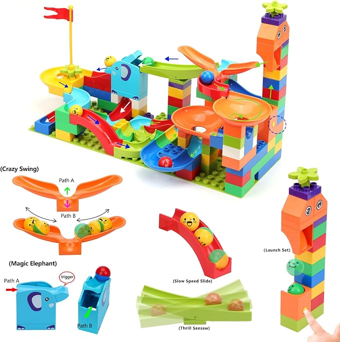 Marble Run Building Blocks for Kids: 130pcs Upgrade STEM Building Set with Launcher - Educational Toys for Kid Age 3-5 4-8 Preschool Family - Birthday for Boys Girls
