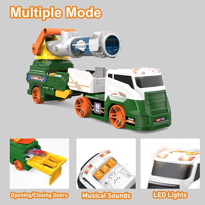 Dwi Dowellin Trucks Toys for Kids, 28" Large Car Toys Include 4 Racing Cars+6 Ball, with Light & Sounds, Eejection&Shooting Transport Cars Toy Truck, Birthday Gifts for Boys Girls-Green