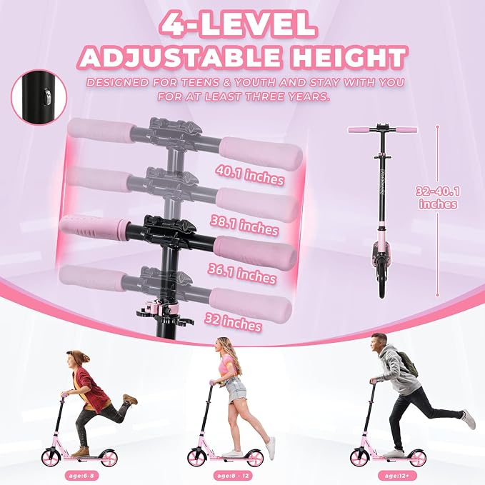 Nattork Scooter for Kids 6+, Teens and Adults- Adjustable Height Folding Kick Scooter with Large Sturdy Wheels for a Smooth Ride, Lightweight, Anti-Shock Suspension for Boys and Girls