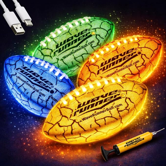 Wave Runner Light Up Football for Kids, Glow in The Dark LED Football, Rechargeable Football, Junior Size Waterproof Football Toy, Outdoor Football Gifts for Boys 8-12