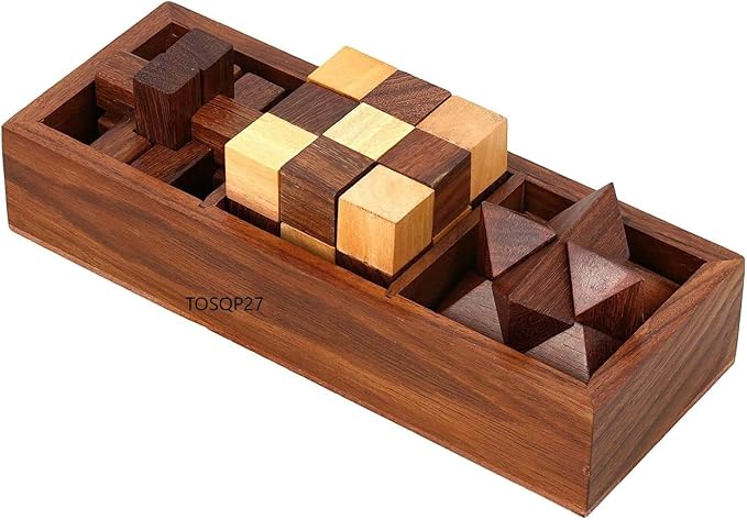 TOSQP27 Gift Wooden Brain Teaser Puzzle Set for Adults & Teens – 3-in-1 Interlocking Burr, Snake Cube & Star Puzzle with Handmade Wooden Storage Box – Mind Challenge Logic Game