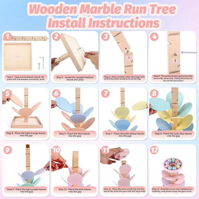 Wooden Marble Run Ball Drop Montessori Toys for Toddlers 4-8 Boys Girls Kids Wood Music Tree Marble Ball Run Game 3-5 8-12 Years Old Learning Color Sorting Sensory Toys Birthday Gift (Height: 28")