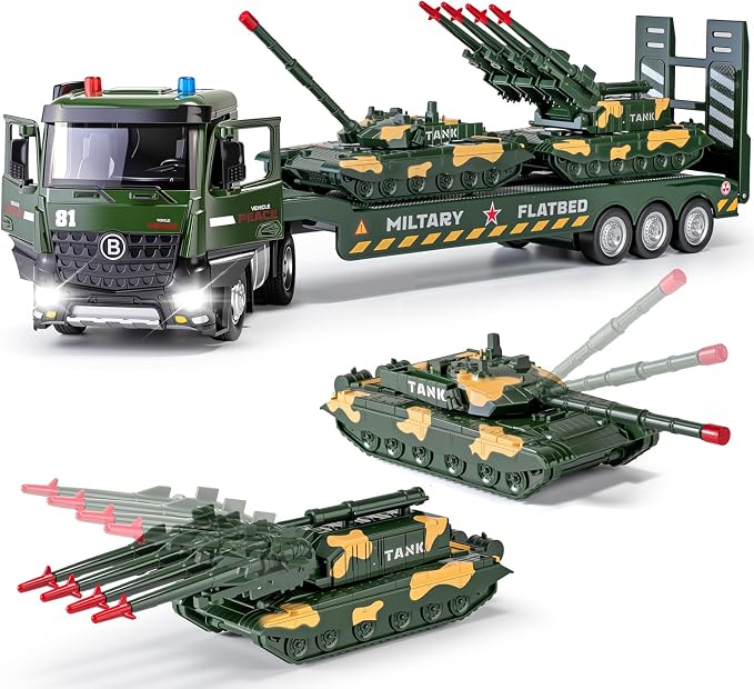 HAPYAD Green Military Big Truck Set Metal Cab, Semi Truck with Trailer, Tank, Missile Tank, Die-cast Army Vehicles Toys with Lights & Sounds, Ideal Gift for 3 4 5 6 7 Years Old Boys Kids Toddlers