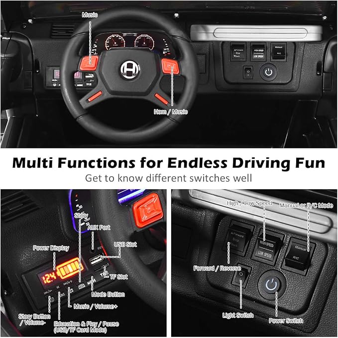 Costzon 2-Seater Ride on Truck, 12V Battery Powered Electric Vehicle Toy w/Storage, Remote Control, 3 Speed, LED Lights, MP3, Horn, Music, 2 Doors Open, Spring Suspension, Ride on Car for Kids(Black)