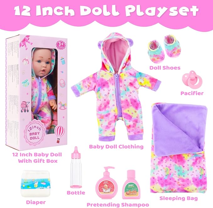Ecore Fun 12 Inch Baby Doll with Outfit, Sleeping Bag,Pacifier, Bottle, Diaper & Care Set, Realistic Pretend Play Doll Accessories for Kids 3+