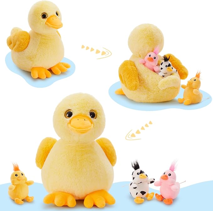 4 Pcs Duck Plush, Mom Duck Stuffed Animal with 3 Cute Stuffed Wind Up Duck Babies Toy, 11" Christmas Birthday Baby Shower Wind Up Plush Toys for Kids Girls Boys, Animal Theme Party Decor