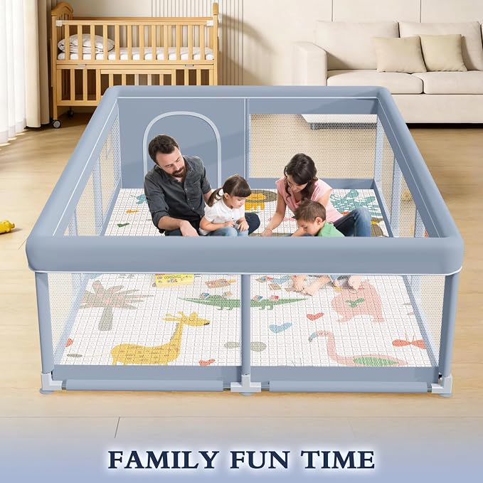XVISHX 74 x 50 Inch Baby Playpen with Mat, Playpen for Babies and Toddlers, Baby Playard for Indoor & Outdoor Active Center Game Fence, with Skin-Friendly Fabric and Soft Breathable Mesh, Grey