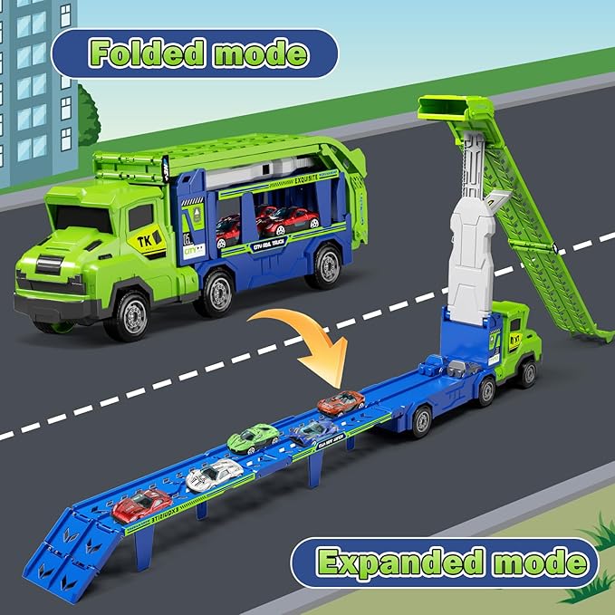 BainGesk Truck Car Toys for 3, 4, 5, 6 Years Old Boys Girls, 3 in 1 Carrier Truck with 2 Foldable Race Tracks, Transport Car with 6 Metal Cars, Birthday Toys Gifts for Toddlers