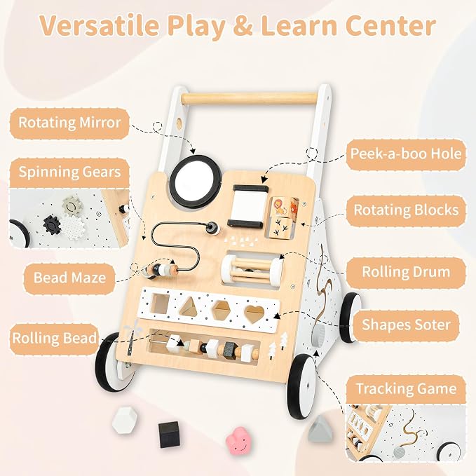 Wooden Baby Walker for Toddlers 1-3, Adjustable Height Montessori Push Toy with 9-in-1 Activity Center, Baby Push Walker with Wheels for Learning to Walk, Gift for 12 Month Old Girls Boys