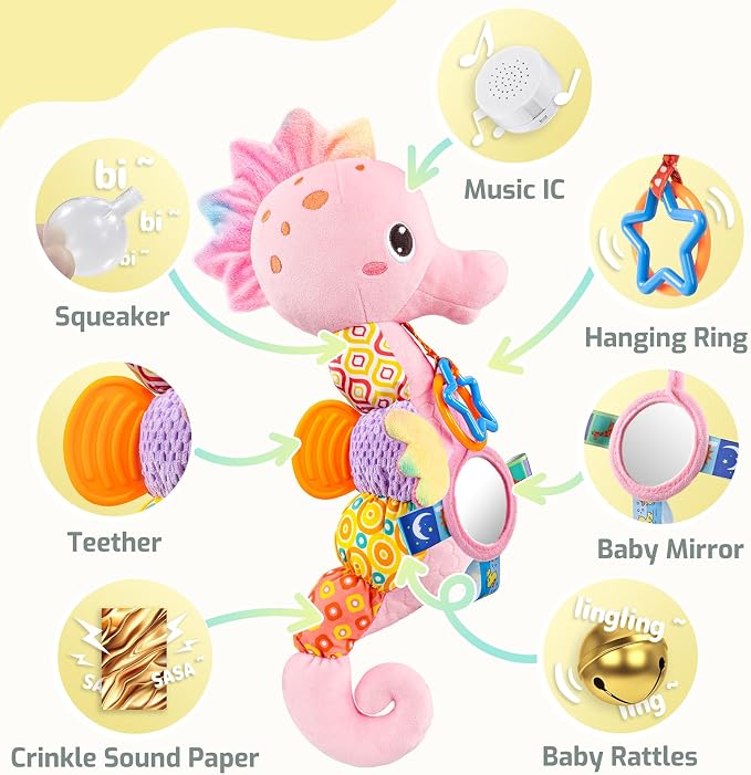 LIGHTDESIRE Baby Toys Sensory Musical Seahorse Soft Plush Stuffed Animals | Infant Toys with Teething Crinkle & Rattles for Newborn 0-3-6-12 Months Tummy Time Toys for Boys Girls Birthday Shower Gifts