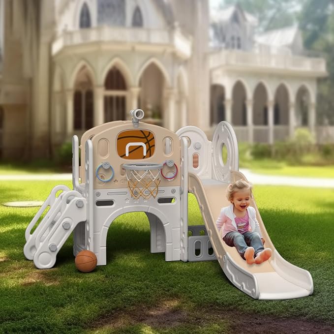 XJD 8 in 1 Toddler Slide Set, Kids Slide for Toddlers Age 1+, Climber Slide PlaySet with Basketball Hoop and Ball,Outdoor Indoor Playground for Toddlers 1-3 (Beige Coffee, 8 in 1)