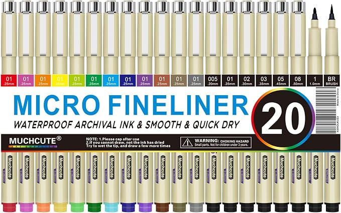 Muchcute Micro Fineliner Drawing Art Pens: 20 Set (12 Colors & 8 Black) Extra Fine Line Waterproof Ink Artist Supplies Archival Inking Ultra Thin Markers Sketch Sketching Watercolor Zentangle Stuff