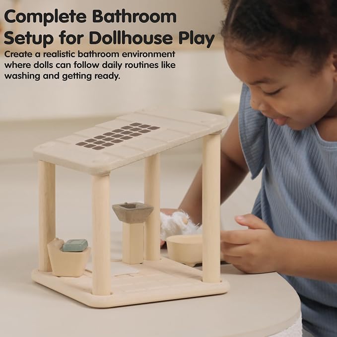 PlanToys® Wooden Dollhouse Bathroom Room Set | Bath, Toilet, Sink & Accessories Furniture Set | Open Ended Role Play Room for Dollhouse Expansion