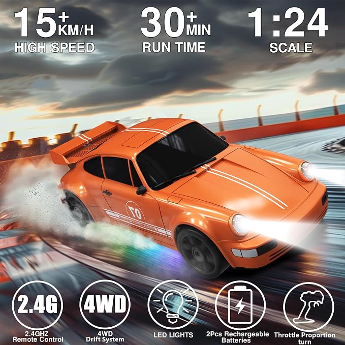 Remote Control Car RC Drift Car 2.4GHz 1:24 4WD 15KM/H High Speed Racing Sport Car with LED Lights Drifting Tire Racing Sport Toy for Adults Boys Girls Kids Gift 2Pcs Rechargeable Batteries