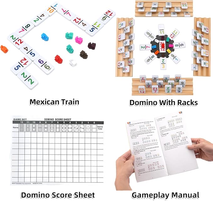 Doreimi Mexican Train Dominoes Set Numbers and 8 Wooden Holders, Double 12 Travel Domino Train Game with 91 Colored Tiles and Protable Case, Number Domino Set for Kids, Adults Family Board Team Games