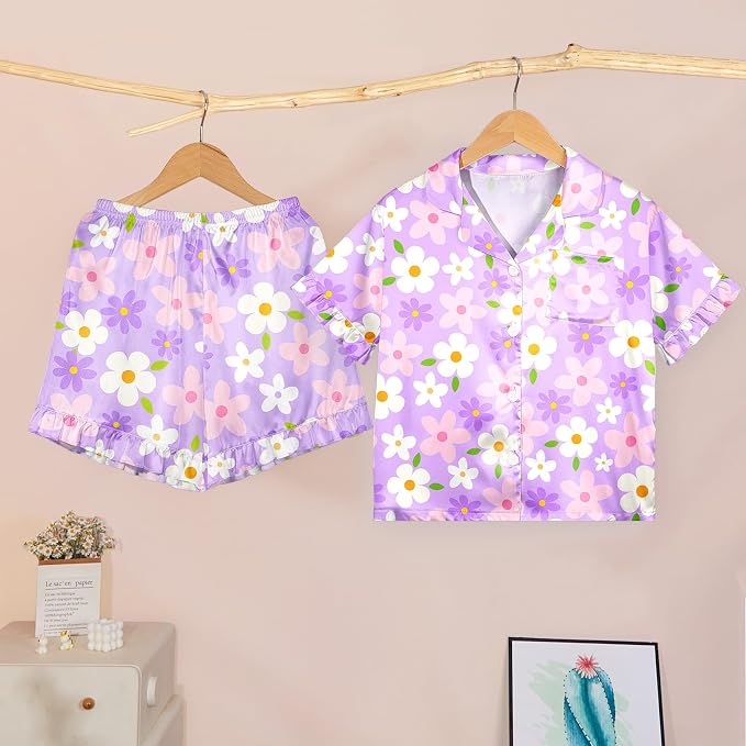 ICOSY Matching Doll & Girls Silk Pajamas Satin Pjs for Girls Button-Down Top and Shorts for 18" Doll Girl Clothes