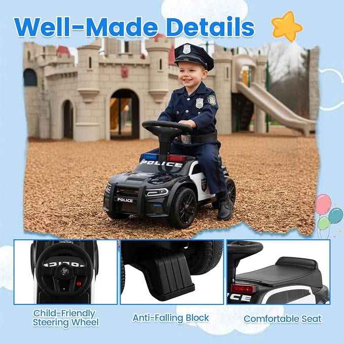 Costzon Police Car Ride On, Toddler Foot-to-Floor Sliding Car with Siren Sounds, Music & Flashing Lights, Under-Seat Storage, Kids Ride On Toys for Boys Girls 18+ Months