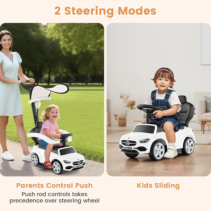 OLAKIDS Push Car for Toddlers, 3 in 1 Licensed Mercedes Benz Baby Sliding Walking with Parent Control Handle Adjustable Canopy Guardrail Under Seat Storage, Kids Ride on Toys with Horn (White)