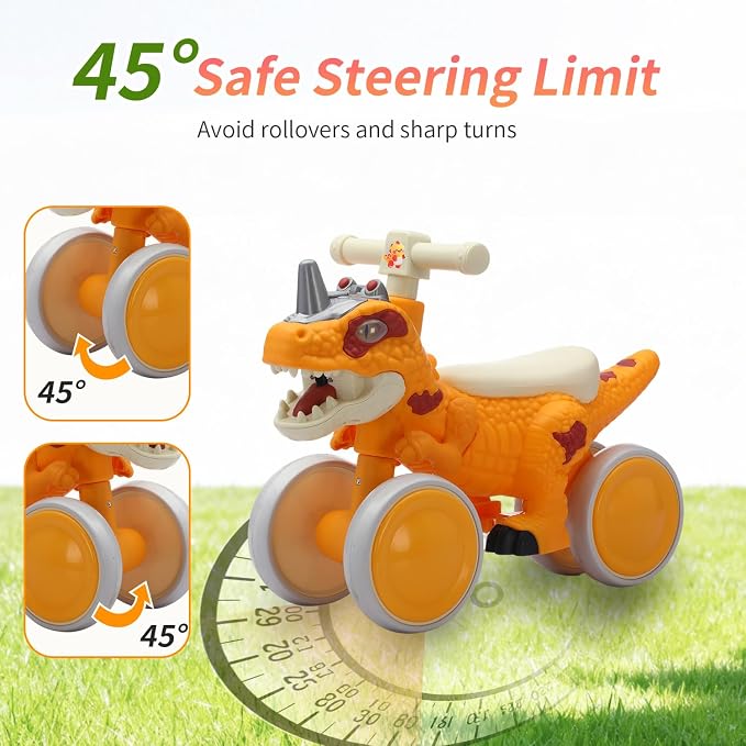Dinosaur Balance Bike for 1-3 Year Olds, 4-Wheel No-Pedal Bike for Walker, Ride on Toys for Toddlers with Music and Mist Spray, First Birthday Gift for Boys & Girls (Orange)