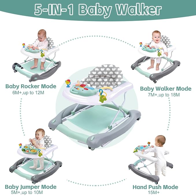 5 in 1 Foldable Baby Walker, Activity Baby Walker-Baby Bouncer, Rocker, Activity Center,Seat and Push Walker,Detachable Trampoline Mat, Adjustable Speed Rear Wheels and Height,Ages 6-18 Months(Mint)