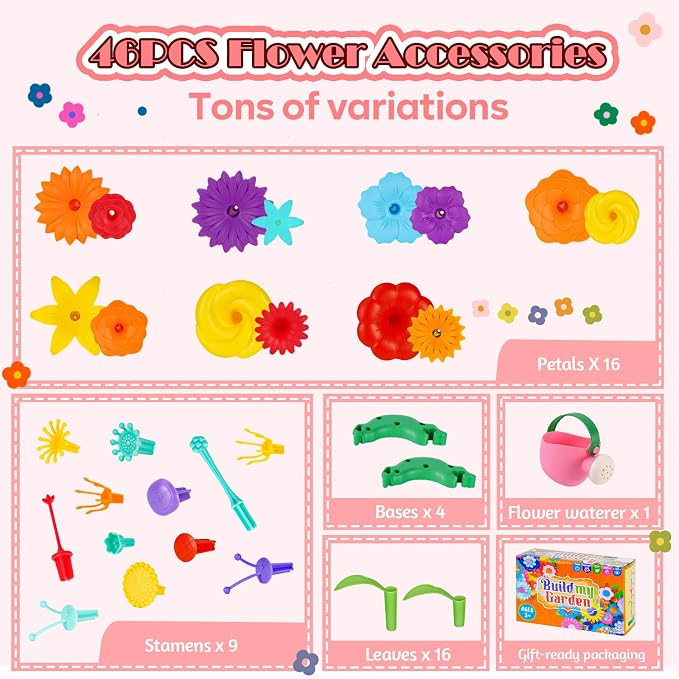 FUNZBO Girl Flower Garden Building Toys Set - Birthday Gifts for Age 3 4 5 6 7 8 Years Old Girls, STEM Montessori Educational Toy for Toddler Kids, Sorting & Stacking Spring Gardening Set