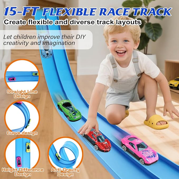 Gretex Flexible Race Track for Kids Ages 4-8: 15 Ft Flex Race Car Ramp Track With 6 Toy Cars Suction Cups, Portable DIY Racetrack Compatible With Diecast 1/64th Cars, Ideal Gift for Kids Toys Boys 3-5