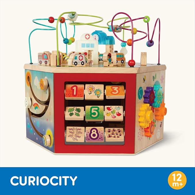 Battat – Wooden Activity Cube – CurioCity – Themed Activity Center – Educational Toys – Wooden Toys for Toddlers and Kids – 1 Year +