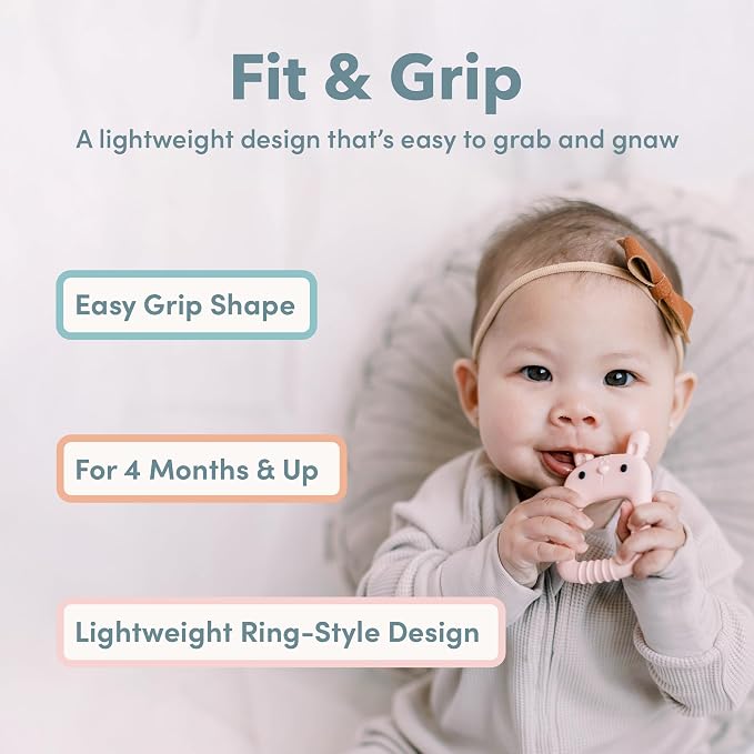 Loulou Lollipop Wild Silicone Teether for Babies 4 Months and Up, Textured Teething Ring for Sore Gums, BPA-Free Food-Grade Silicone, Easy-Grip Open Shape, Dishwasher & Freezer Safe, Shell Pink