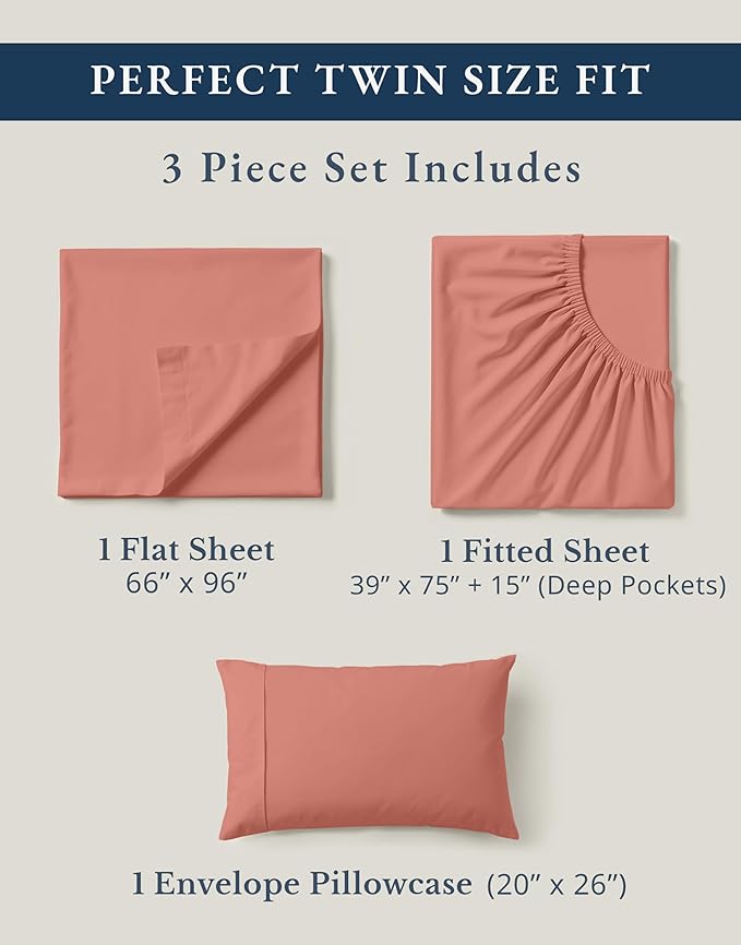 LANE LINEN Twin XL Bed Sheets 100% Organic Cotton 3pc Percale - Rose Dawn | 100% Organic Cotton Percale Twin XL Sheet Set - Easy-Care Machine Washable, Breathable For Year-Round Sleep, For Hot Sleepers