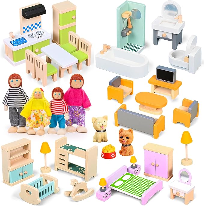 HAPGFS 36PCS Wooden Dollhouse Furniture Set with 4 Flexible Family Dolls - 5 Room Realistic Doll House Accessories for Toddlers 3 4 5 6, Pretend Play Toys Gift for Birthday and Christmas