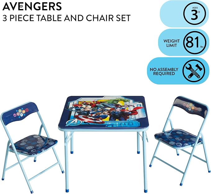 Marvel Avengers 3-Piece Kids Activity Table and Chair Set – Square Table with 2 Folding Chairs, Superhero-Themed Furniture for Ages 3+, Ideal for Playroom, Arts & Crafts, or Snacks