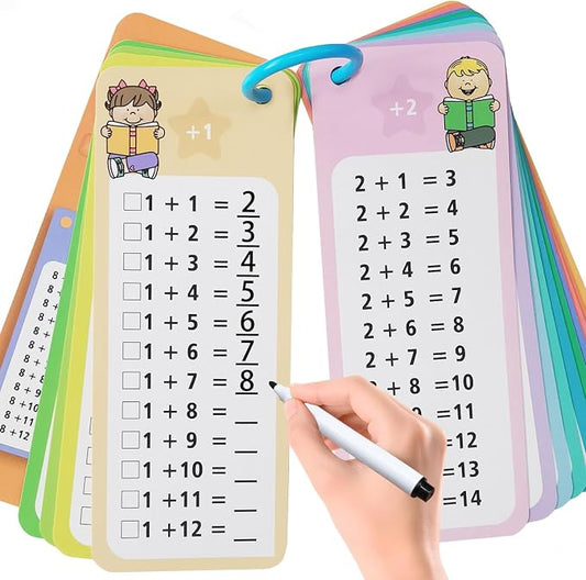 1-12 Addition Flash Cards, Large Math Table Flashcards Chart, with 15 Cards, 2 Dry Erase Markers, 1 Rings, Educational Addition Game for Kids, 1st, 2nd, 3rd Grades Classroom Home
