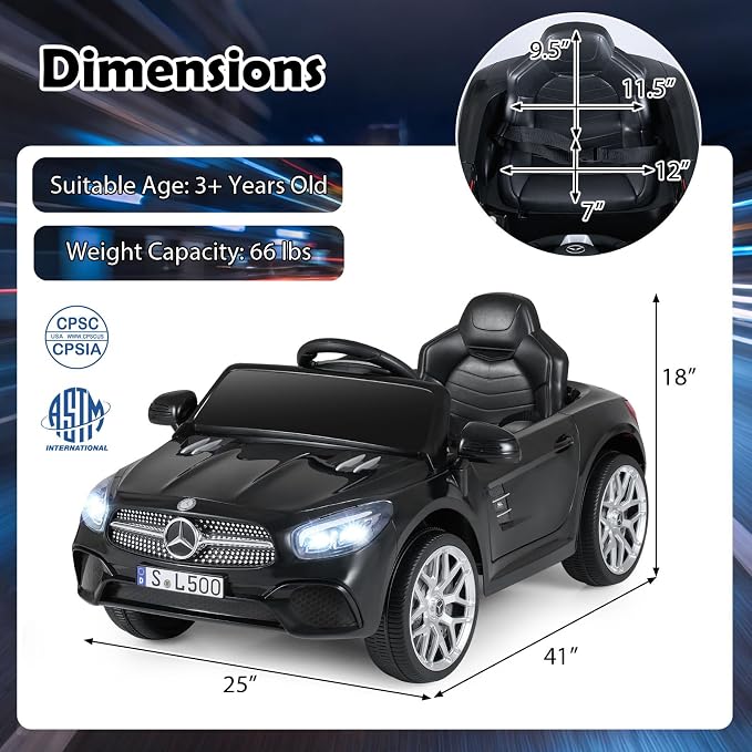 Costzon Ride On Car, 12V Licensed Mercedes Benz Electric Vehicles with Parent Remote Control, LED Headlights, Music & Wireless Connection, Kids Car for Boys Girls Aged 3-8 (SL500,Black)