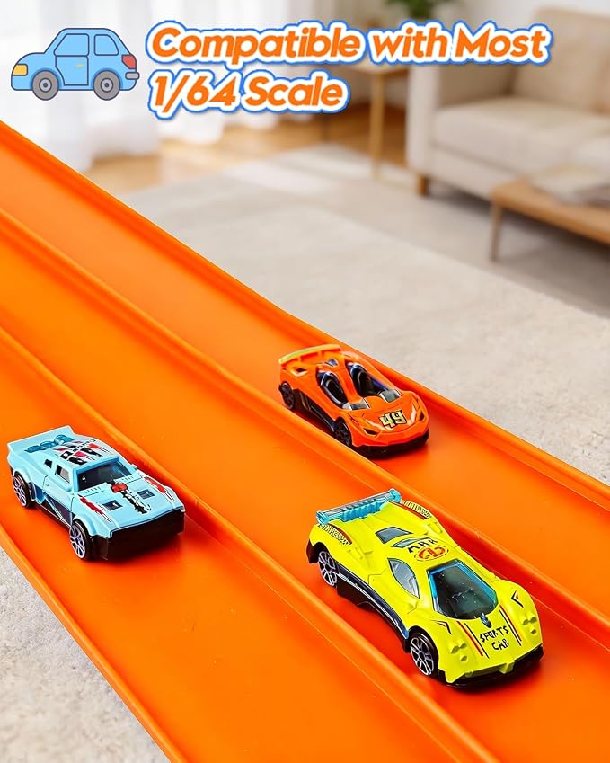 3-Lane Flex Track 15 Ft Flex Race Car Track with 6 Toy Cars,Portable DIY Racetrack Compatible Diecast 1/64th Cars for Ages 3 Up,Birthday Gifts for Boys(Orange)