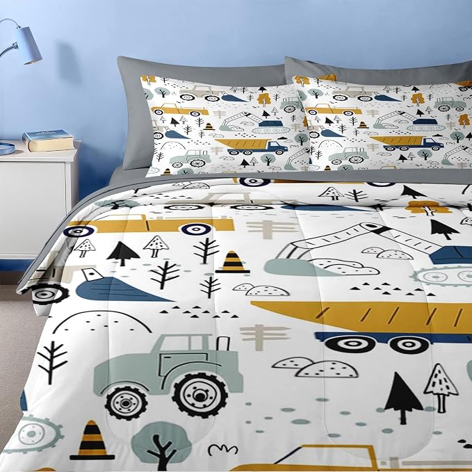 Nesker Comforter Set Queen Size, Cute Cargo Crane Bulldozer 7 Pcs Bedding for Kids Teens, Cars Truck Tractor Excavator with Fitted Sheet 2 Pillowcases & 2 Shams for Bedroom Bed Decor