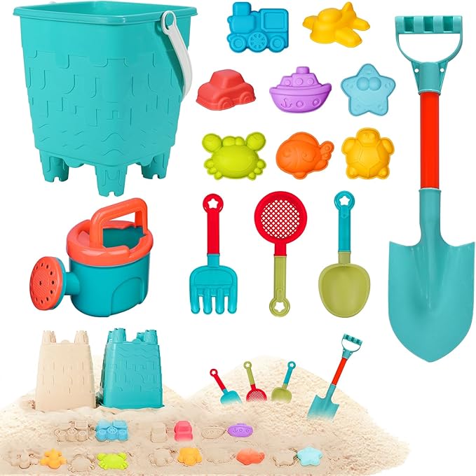 14 Piece Beach Toys,Castle Barrel Bucket,Sea Animal and Traffic Sand Molds,Beach Shovel Tool Kit, Fun Outdoor Games Beach Accessories for Boys Girls