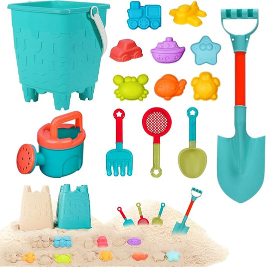 14 Piece Beach Toys,Castle Barrel Bucket,Sea Animal and Traffic Sand Molds,Beach Shovel Tool Kit, Fun Outdoor Games Beach Accessories for Boys Girls