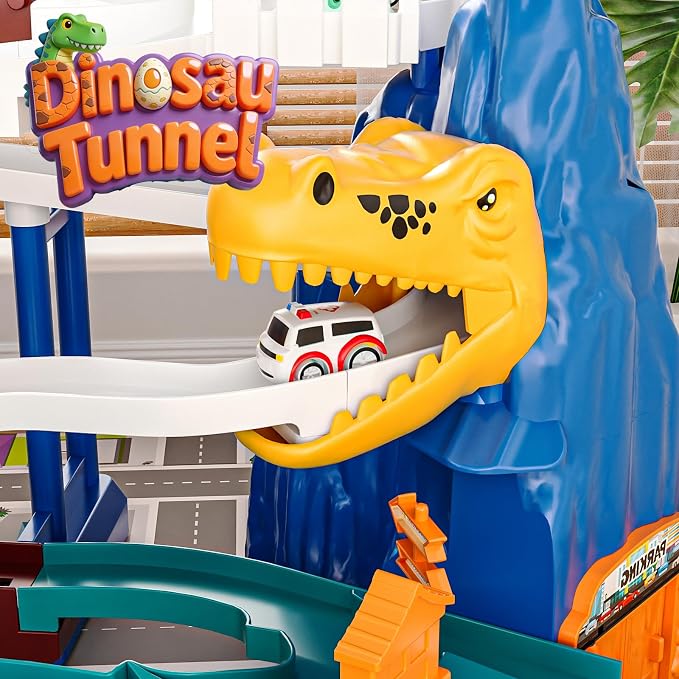 Dinosaur Car Race Track Set with 10 Racer Cars & Large Play Mat - 168 Pcs Dinosaur Toy Race Track for Boys 3-5 5-7, Flexible Train Track Construction Playset, Birthday Gifts for Kids Girls Age 3+