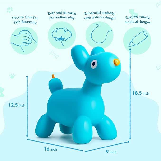 ZOOJOY Bouncy Animal Hopper, Blue Balloon Dog Bouncy Toys for Toddlers 18M+, Inflatable Ride-on Hopping Toys with Pump for Indoor & Outdoor Play, 2 3 4 5 6 7 Years Birthday Gift for Boys & Girls