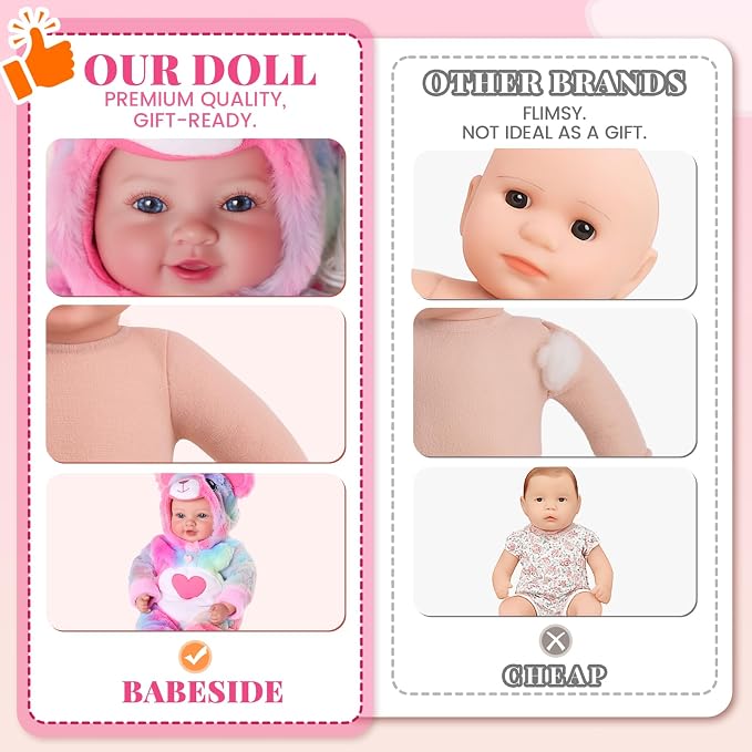 BABESIDE Baby Doll Girl - 17-Inch Soft Body Realistic Baby Doll with Rainbow Bear Outfit Lightweight Real Life Baby Dolls for 3+ 4 5 6 7 8 9 Years Girl Birthday Gifts, Pretend Play and Christmas