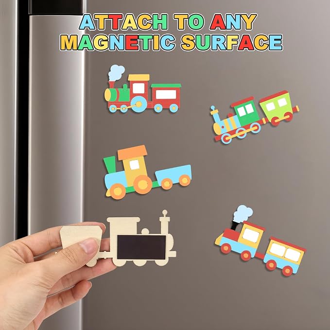 24 Set Train Party Favors, Train Birthday Party Supplies, Wood Trains Painting Crafts Kits, Magnets with Card for School DIY Activity Trains Theme Choo Choo Birthday Party Decor Thank You Gifts